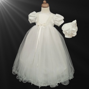 Baby Girls Ivory Lace & Satin Bow Gown with Bonnet